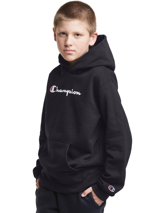 Champion Boys Hoodie NZ - Pullover Script Logo Black ( 4860-UKFPI )